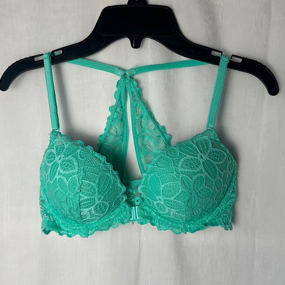 3/$20💥 Victoria’s Secret PINK Bra Teal Blue Lace Date Racerback Padded Push Up - Picture 3 of 14